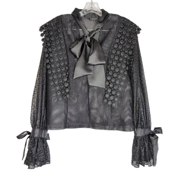 CQ by CQ black mesh & lace poly top with satin bow detailing, size small - Picture 1 of 9